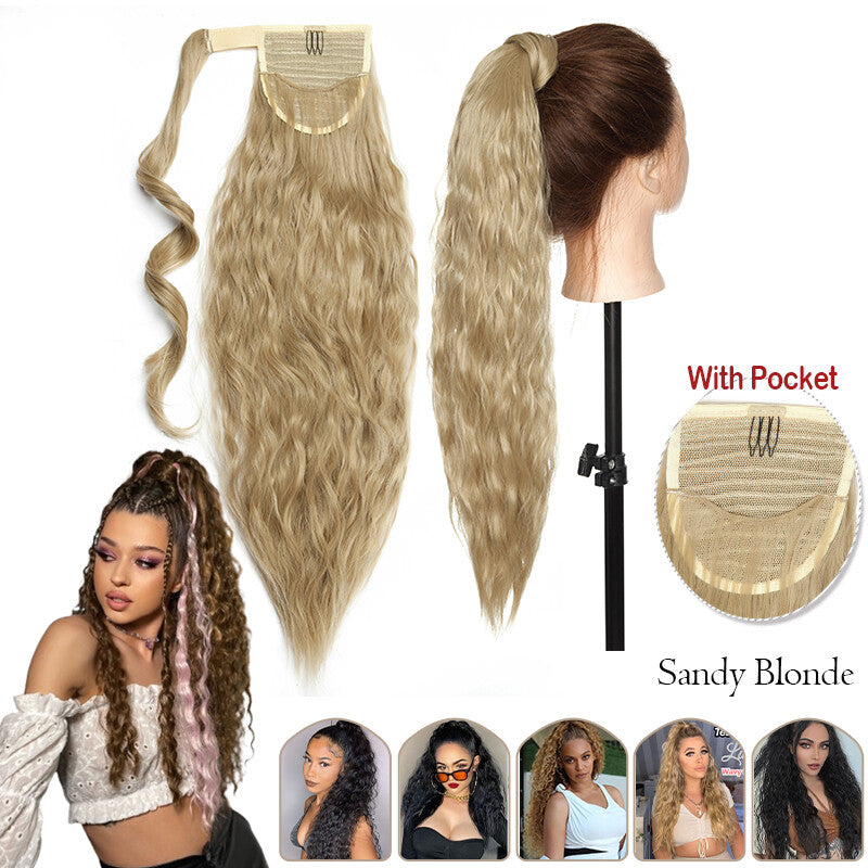 Mega Thick Wrap-On Ponytail Extensions - Natural Human Hair, Curly Wavy Straight