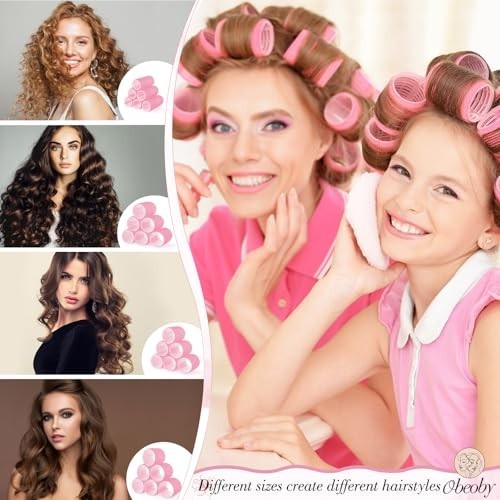 Self Grip Hair Rollers Set with Clips - 4 Sizes Pink, 50 Pieces