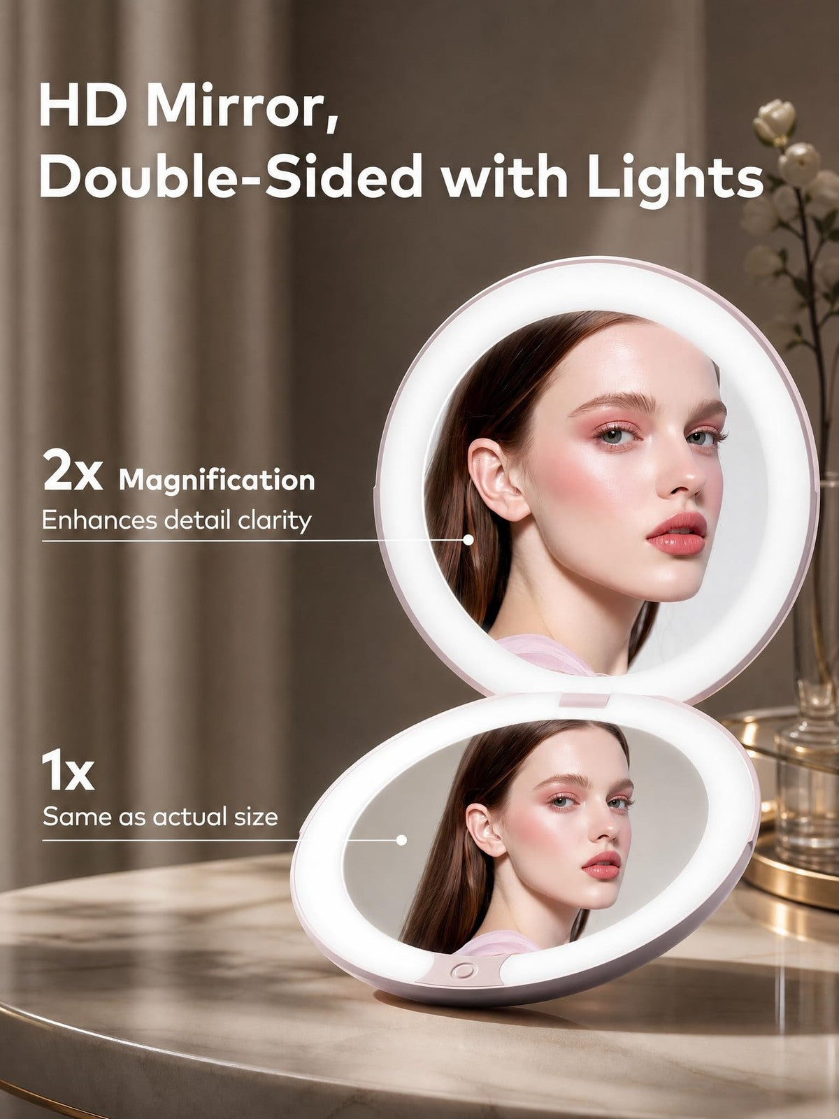 Lighted Travel Makeup Mirror with 1X/2X Magnification, Dimmable Compact Pink
