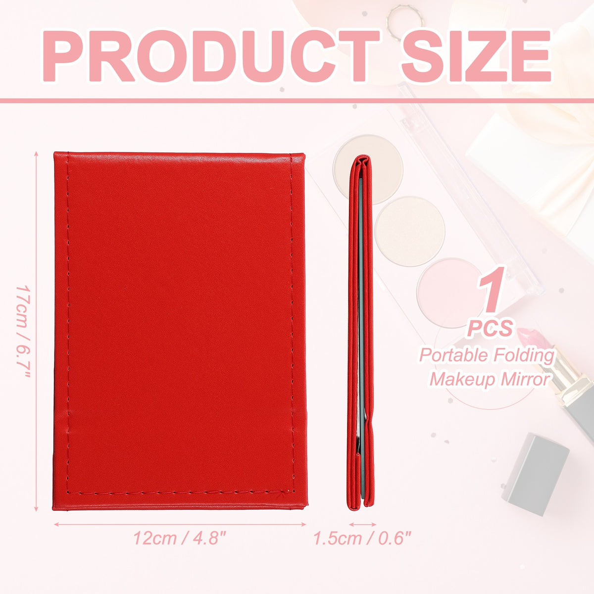 Portable Foldable Desk Mirror with Stand - 4.8x6.7 Inch Travel Makeup Mirror in Red