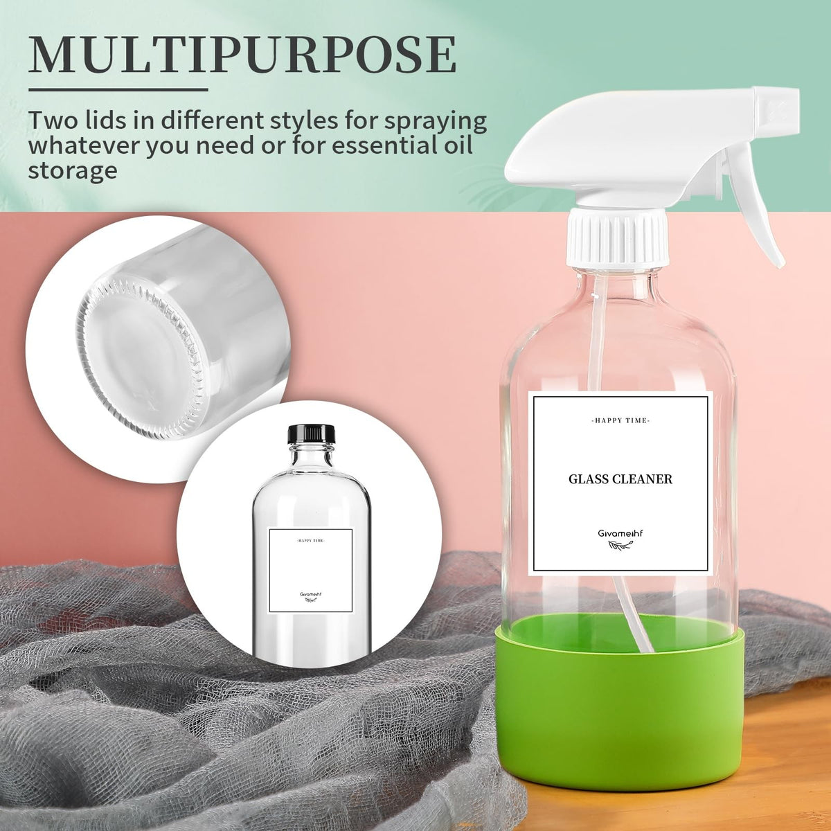 16 Oz Glass Spray Bottles Set with Silicone Sleeves & Adjustable Nozzle