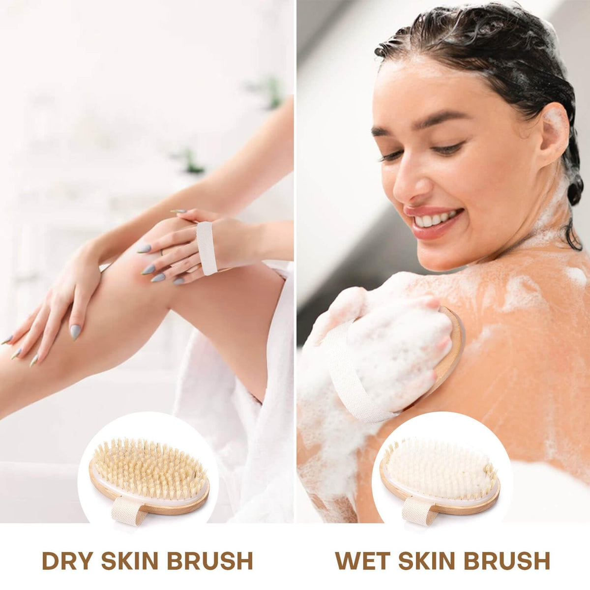 Natural Dry Body Brush with Wooden Handle - Exfoliating & Lymphatic Drainage