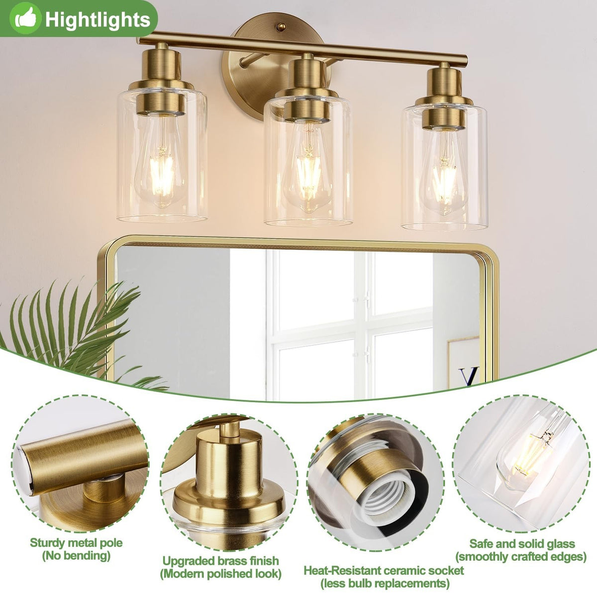 3-Light Modern Bathroom Wall Sconce with Clear Glass Shades - Brushed Brass Finish