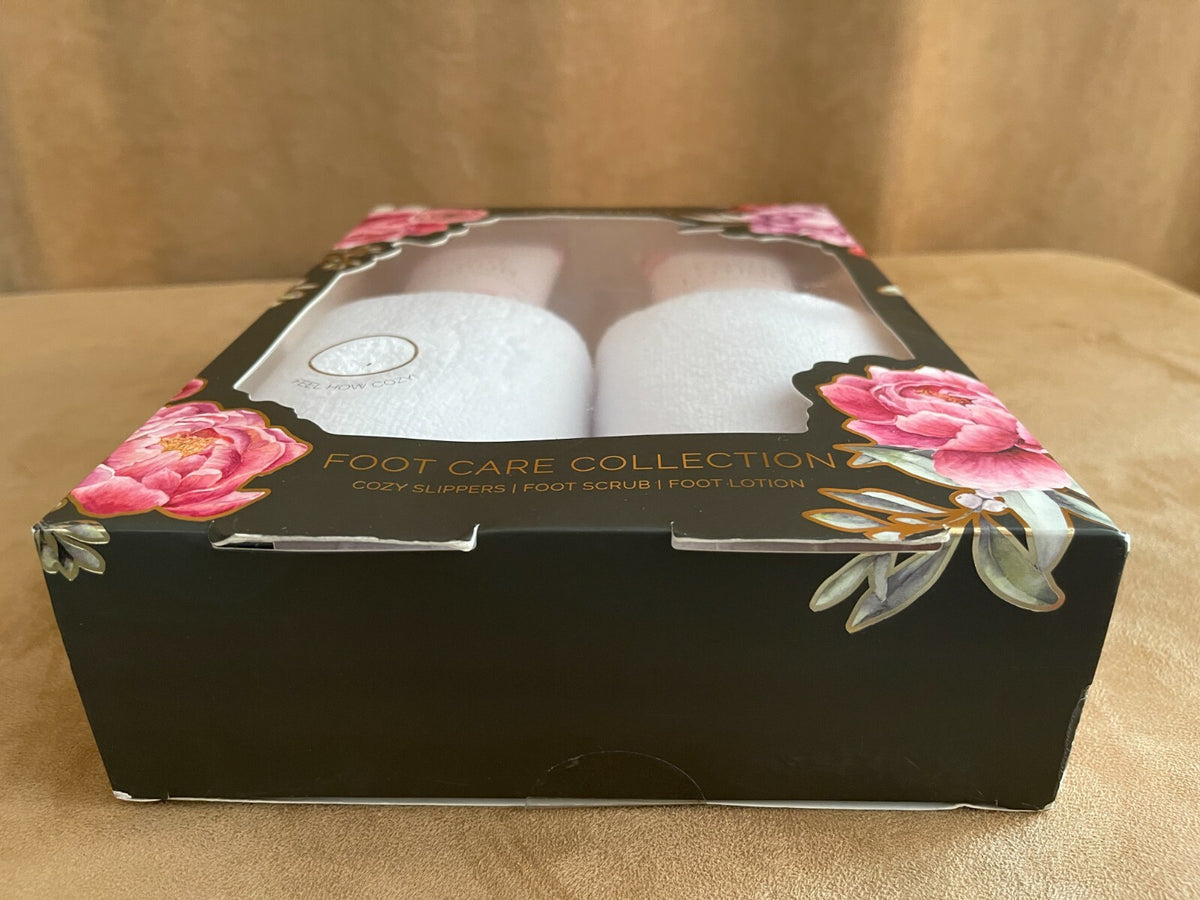 Foot Care Gift Set with Cream Scrub and Cozy Slippers - Orchid Collection