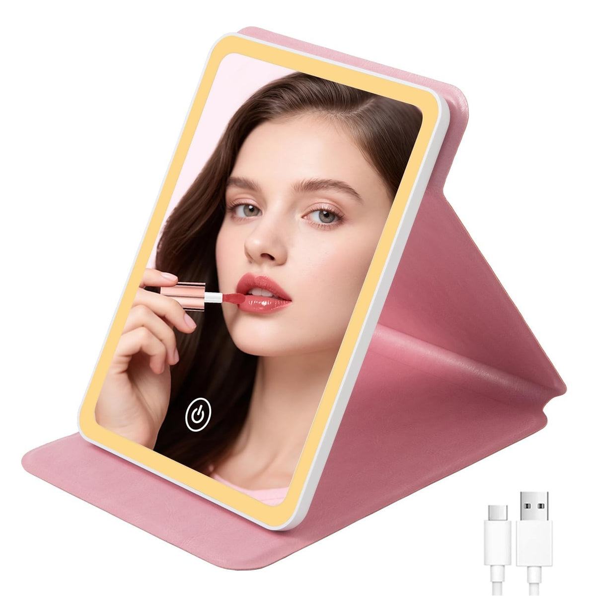 Travel Mirror with LED Lights, Dimmable & Rechargeable, Pink