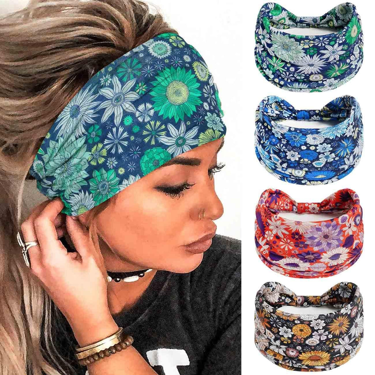 Wide Boho Headbands Floral Stretch Head 1 Count (Pack of 4),