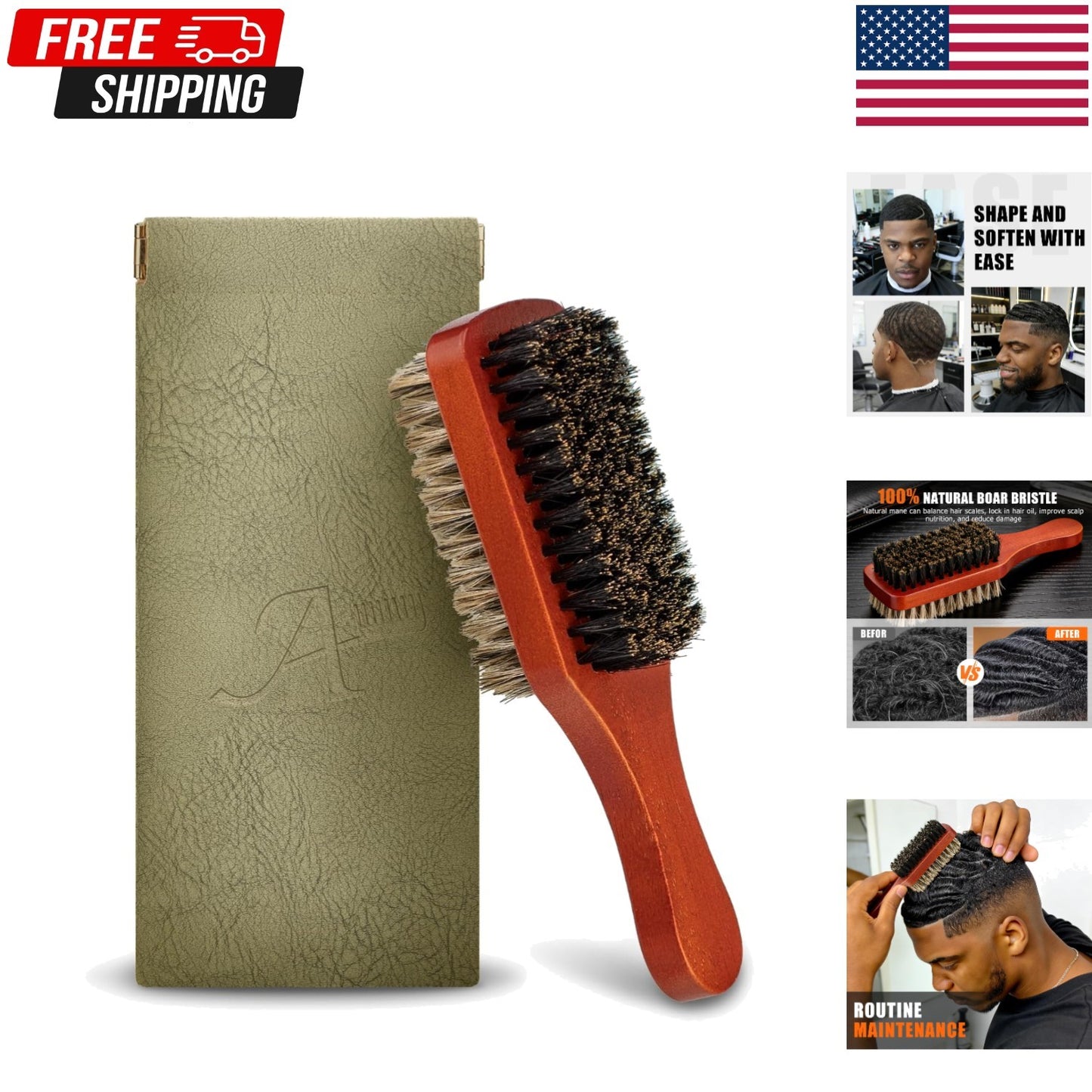 2-Sided Boar Bristle Hair Brush for Thick Hair, Natural & Durable