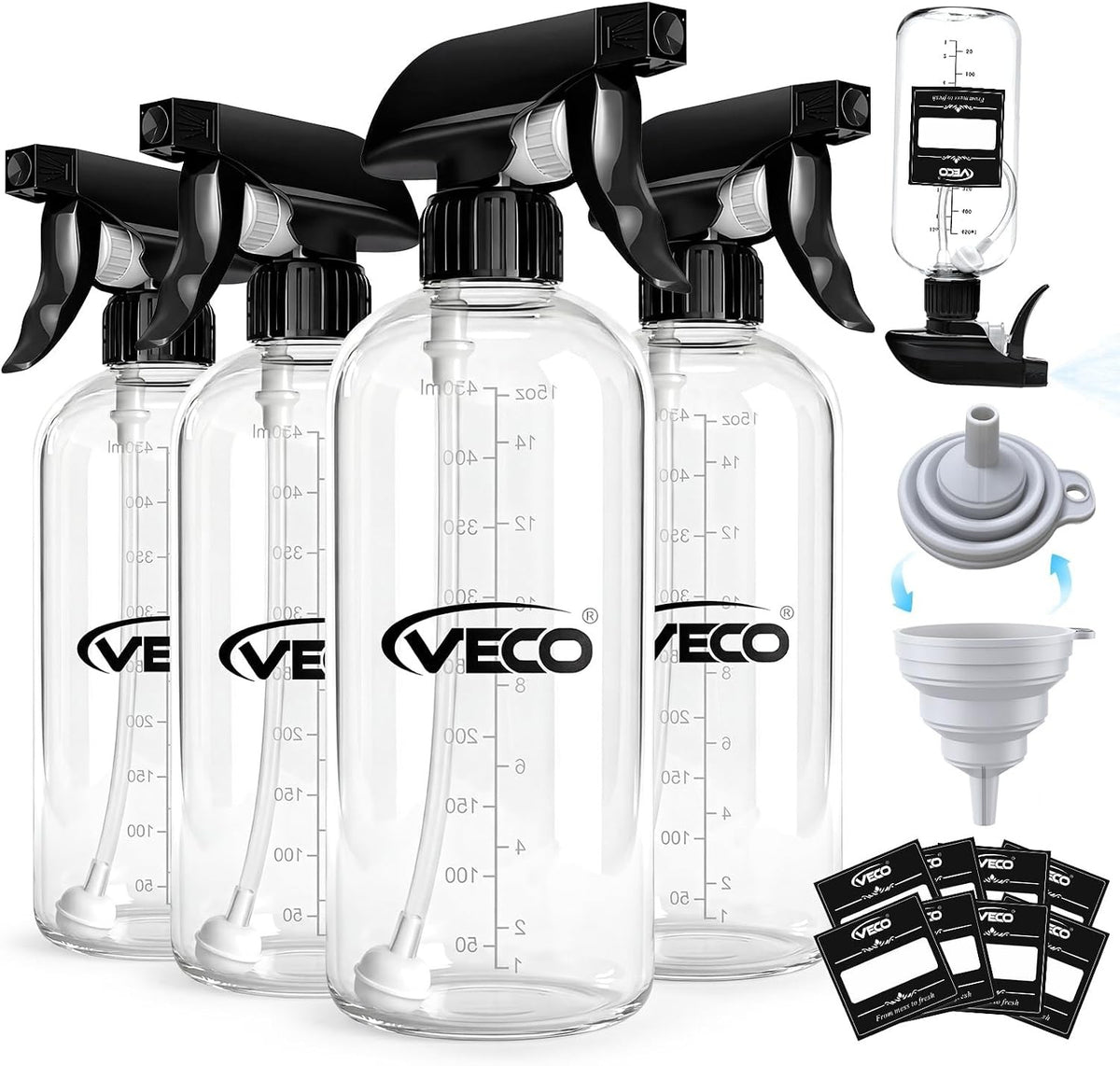 15oz Graduated Spray Bottles 4-Pack - 360° Adjustable Nozzle & Leakproof Design