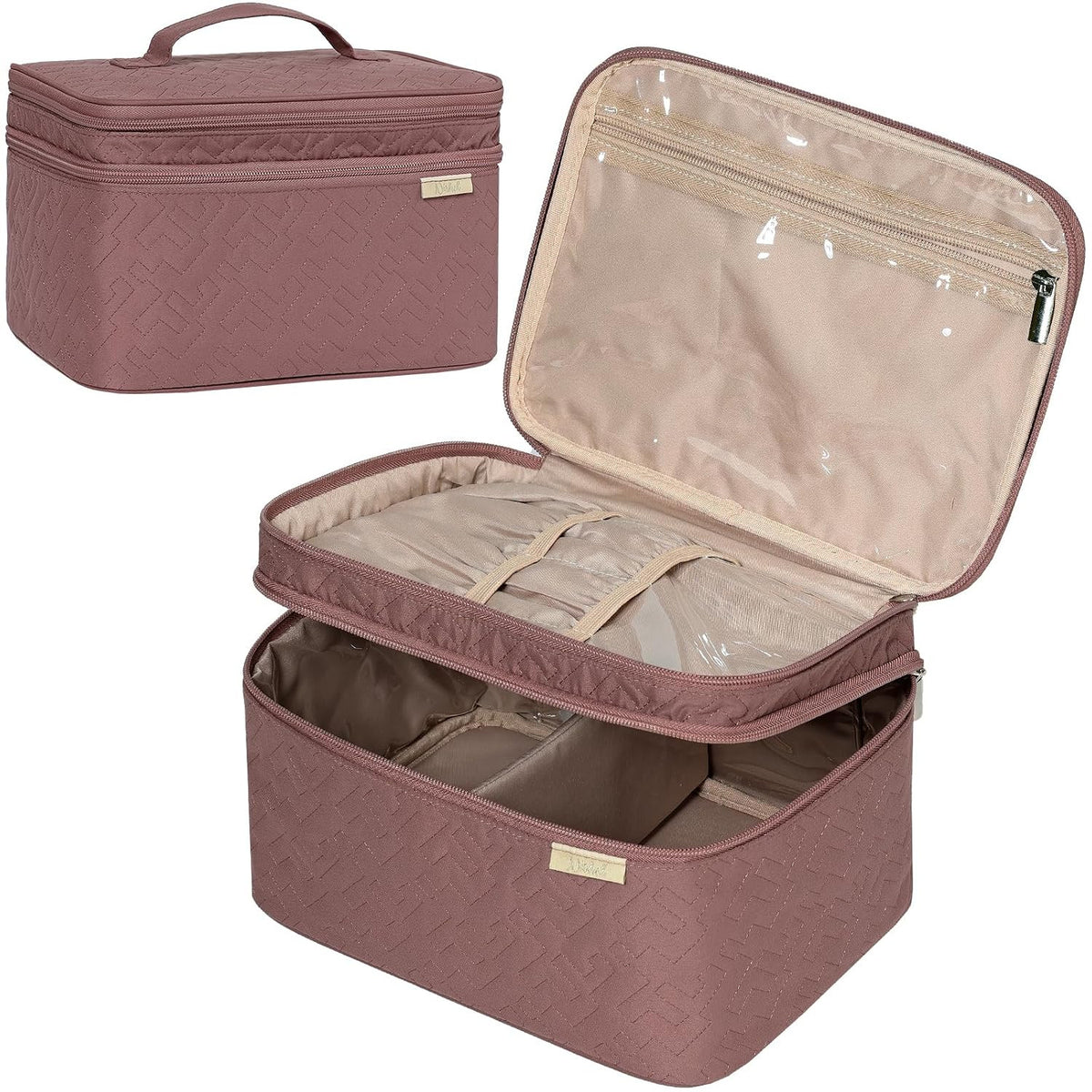 Double Layer Makeup Bag Organizer Travel Cosmetic Case with Adjustable Dividers