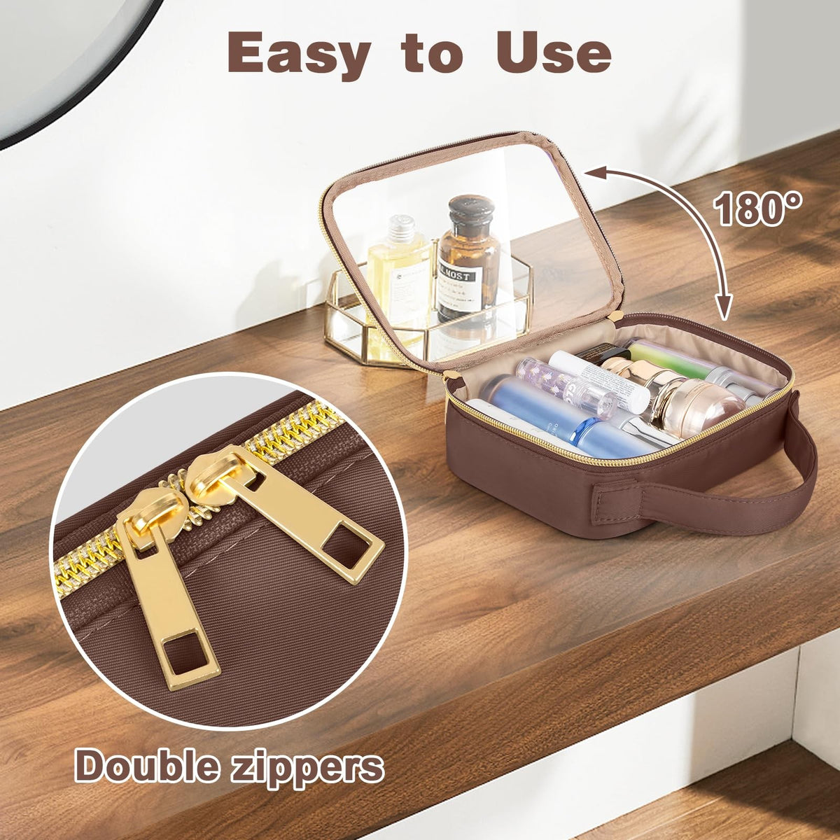 3 Pack TSA Approved Clear PVC Toiletry Makeup Bags with Handles - Quart Size Brown