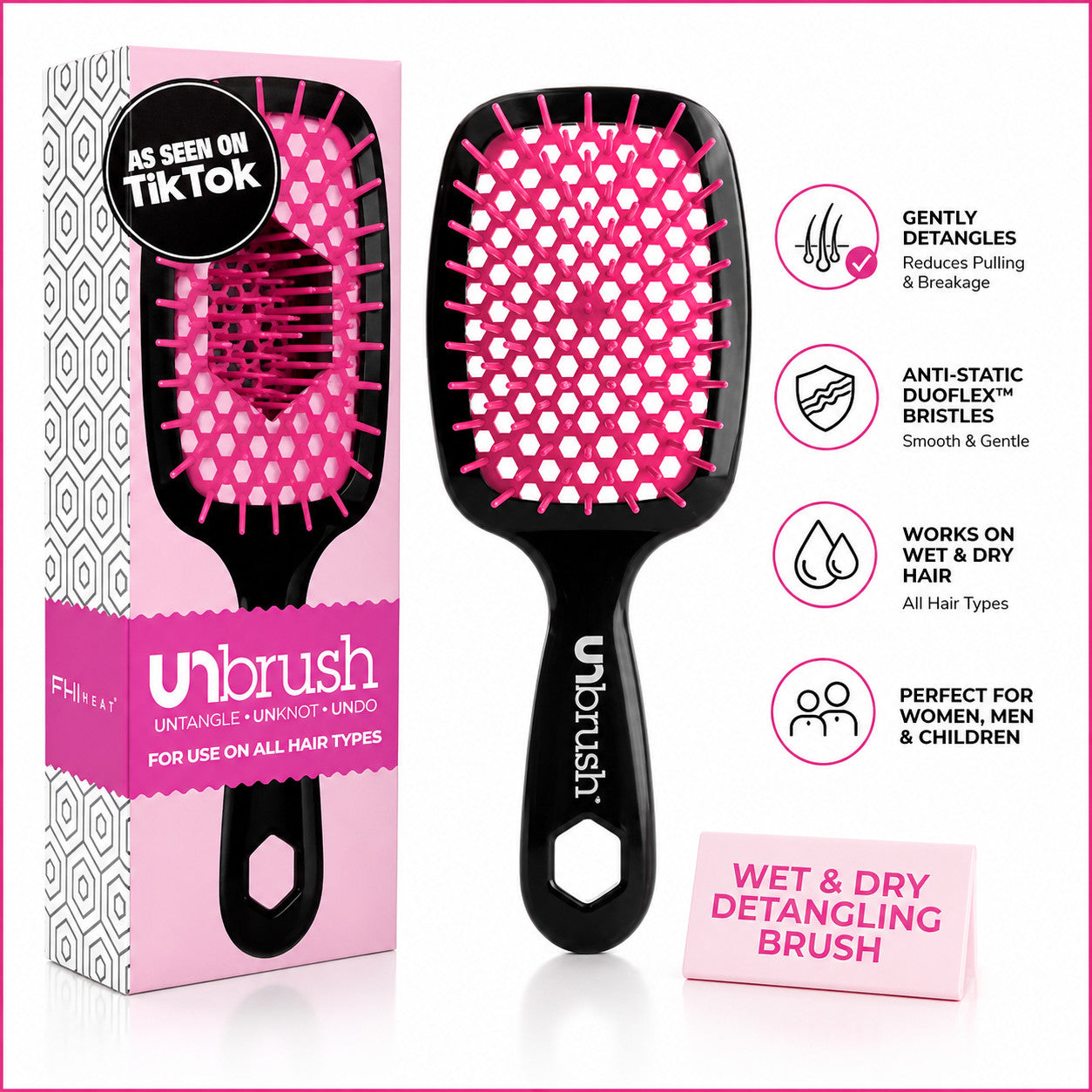 Detangling Hair Brush with Anti-Static Bristles for Wet and Dry Hair - Black Pink