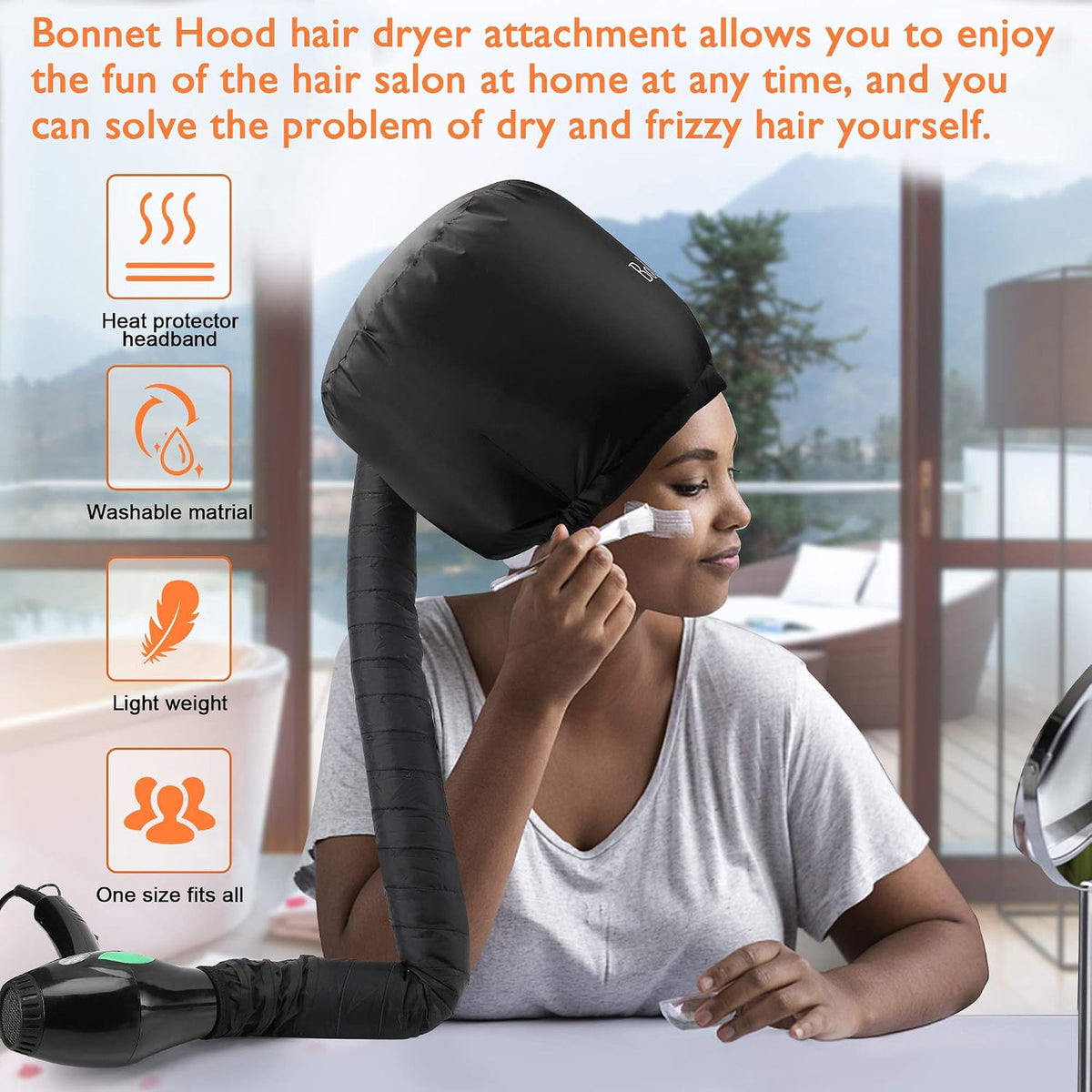 Hooded Hair Dryer Cap XL 28.5 Inch Universal Black for Thick Curly Hair