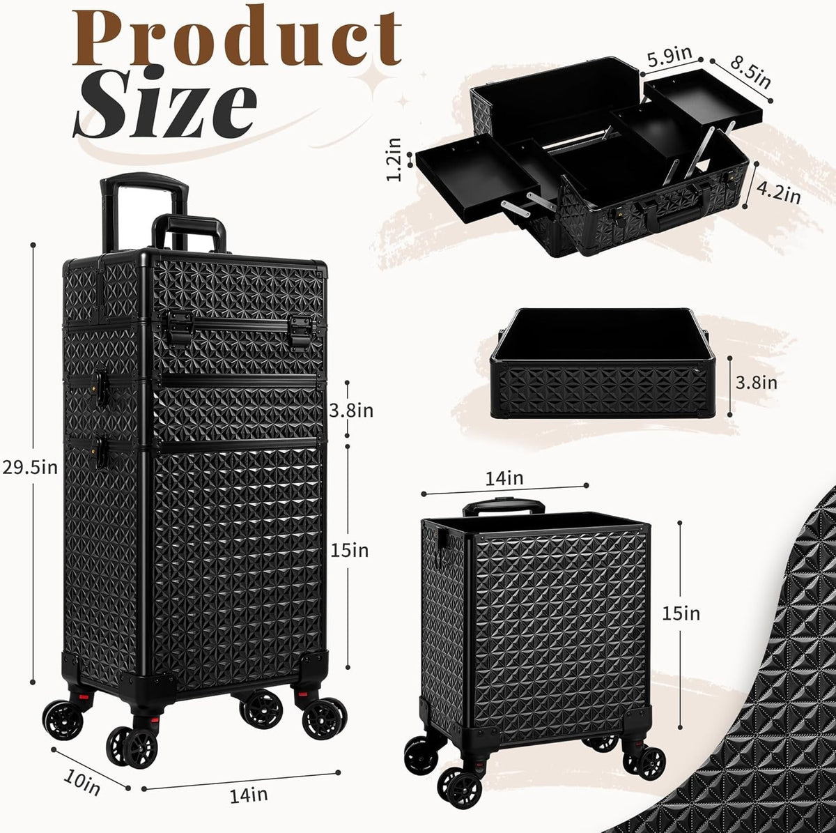 3-in-1 Rolling Makeup Case with Detachable Compartments & Lockable Storage