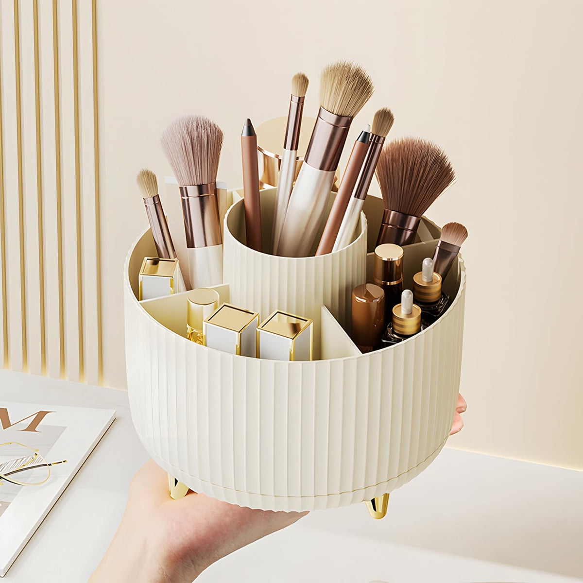 360° Rotating Makeup Brush Organizer Cup with 5 Slots - Vanity Storage