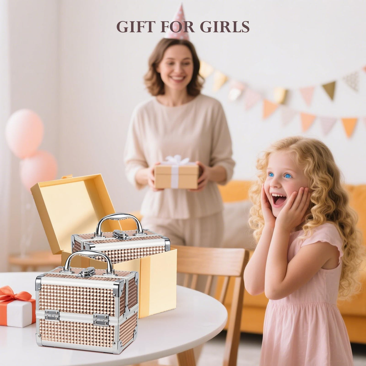 Rose Gold Makeup Organizer Case with Mirror Lockable Portable Storage