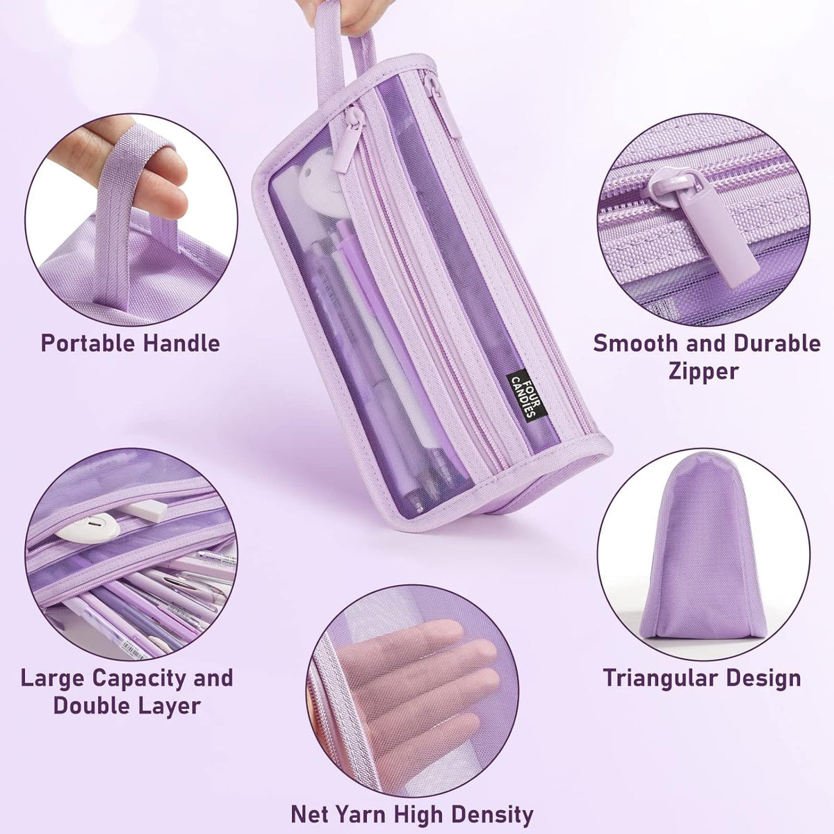Large Capacity Clear Mesh Pencil Case with Handle, Double Layer Zipper Storage