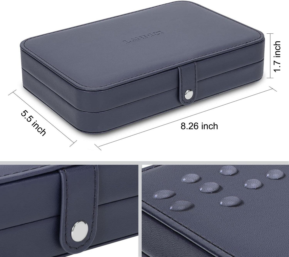 Small Jewelry Box for Women with 3 Compartments Dark Blue Leather Velvet