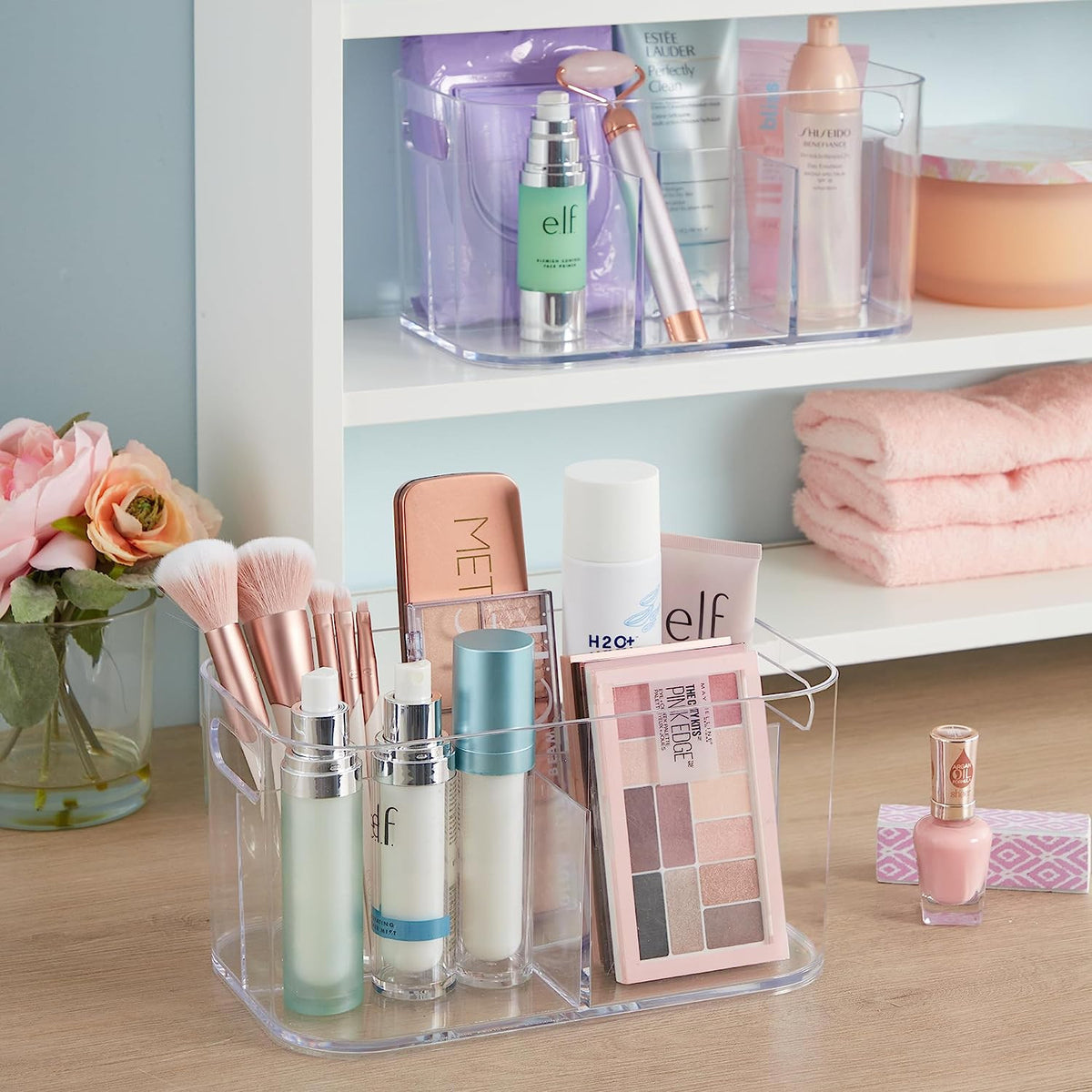 Clear 5-Compartment Makeup & Vanity Organizer Bin - Pass-Through Handles