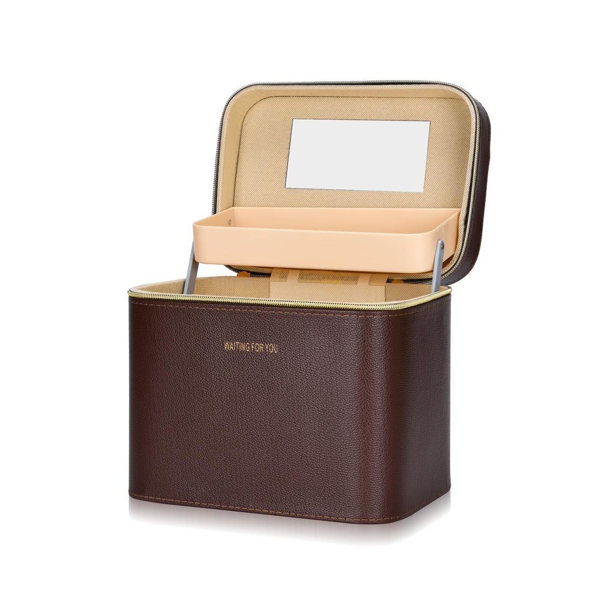Luxury Leather Makeup Case with Mirror - Portable Brown Cosmetic Organizer