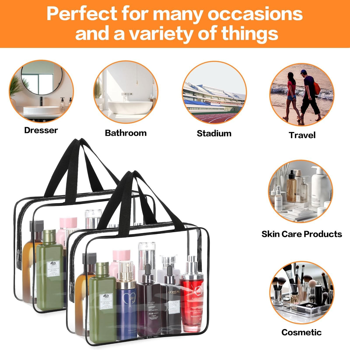 3 Pack Transparent PVC Travel Toiletry Cosmetic Bag Set Waterproof Organizer