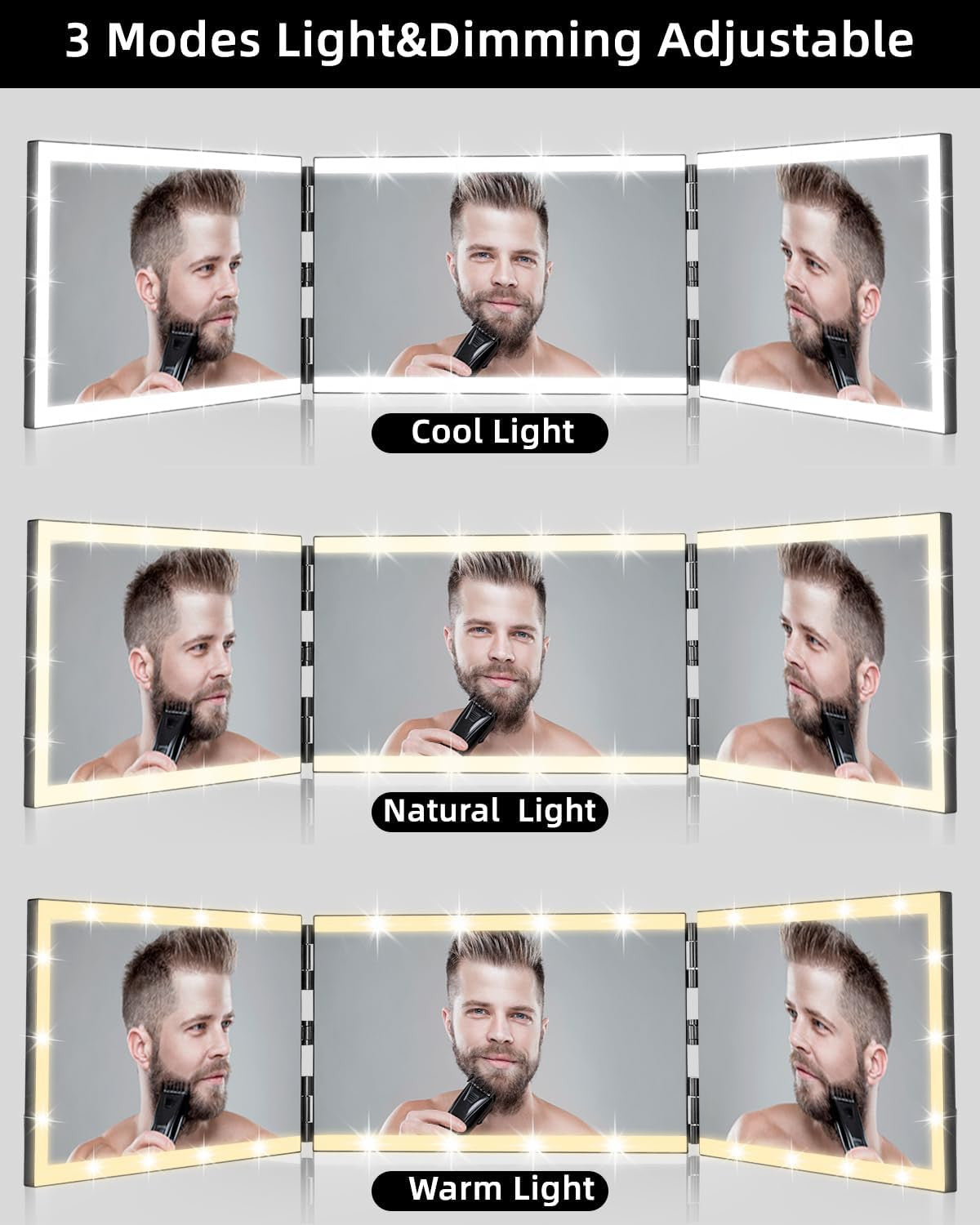 Rechargeable 3-Way Mirror for Hair Cutting with LED Lights & Telescopic Stand