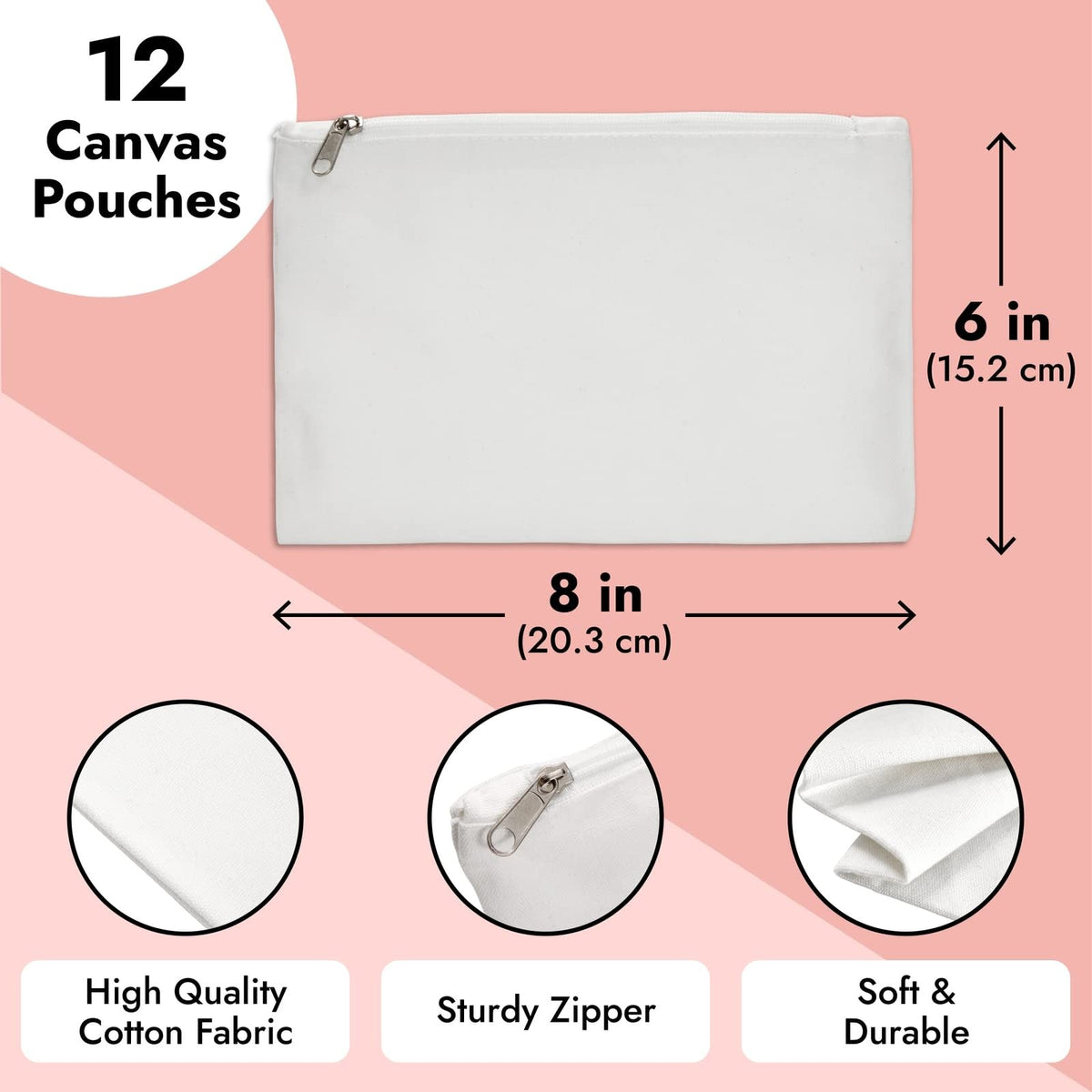 12 Pack Canvas Zipper Pouches - 8x6 Inch DIY Makeup & Pencil Bags