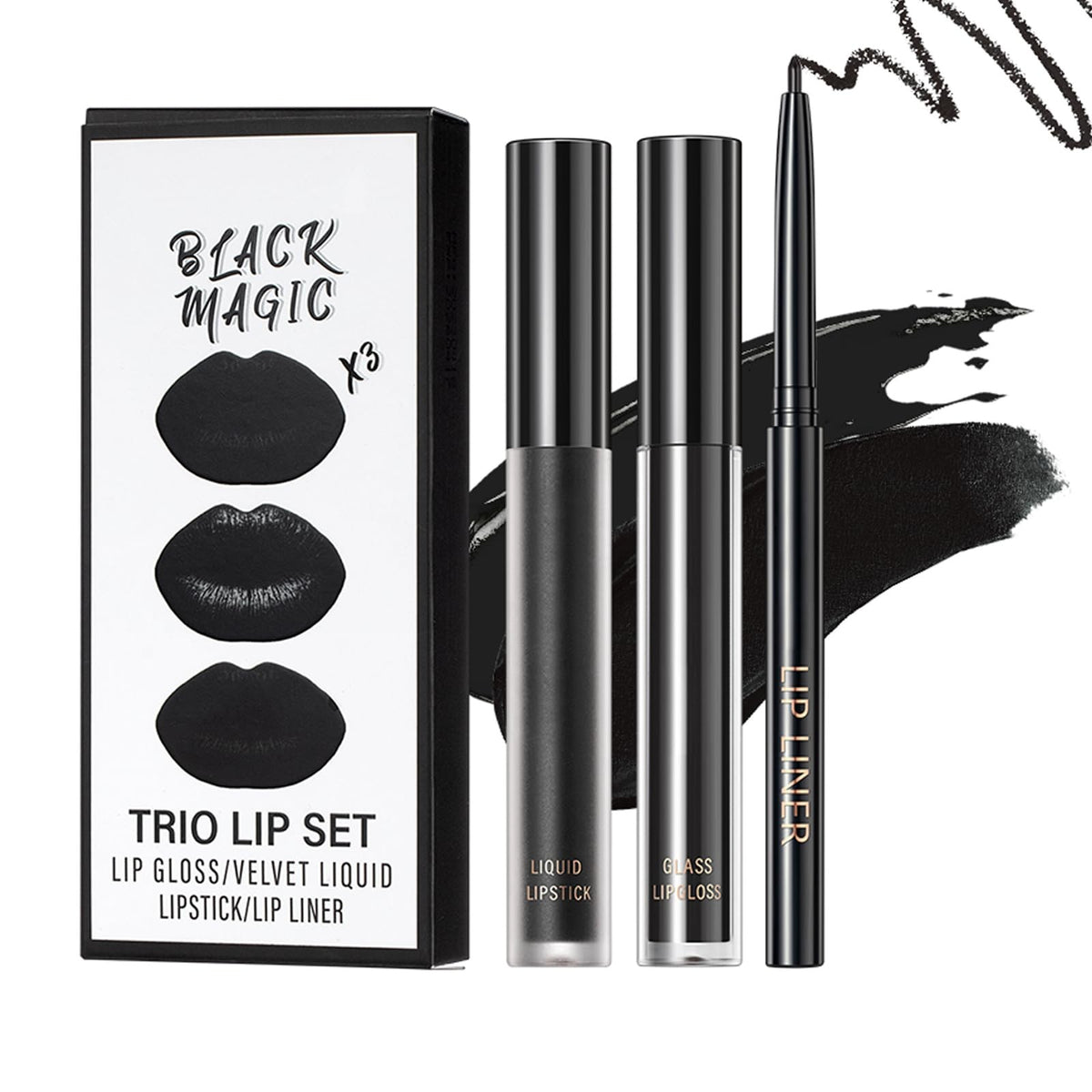 Black Lipstick and Lip Liner Set - 3-Piece Matte Lip Makeup Kit
