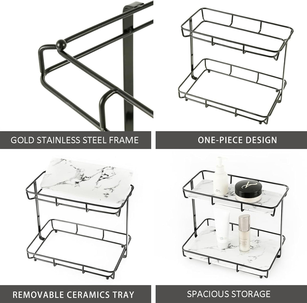 2-Tier Marble Finish Cosmetic Display Shelf with Ceramic Trays