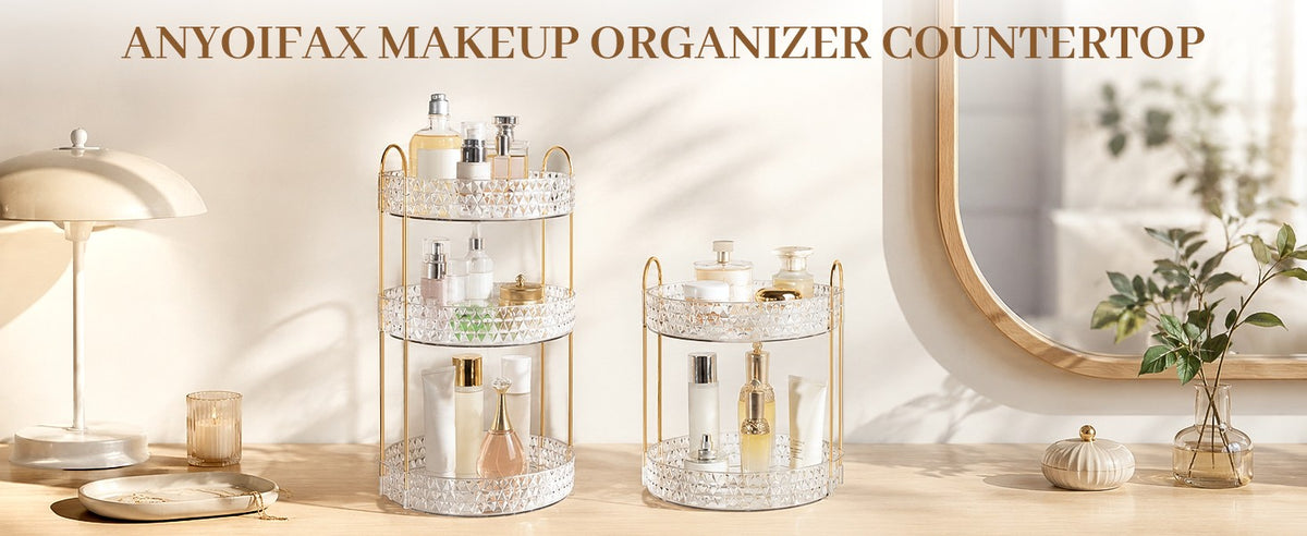 Large Capacity Rotating Makeup Organizer with Clear 3-Tier Stand