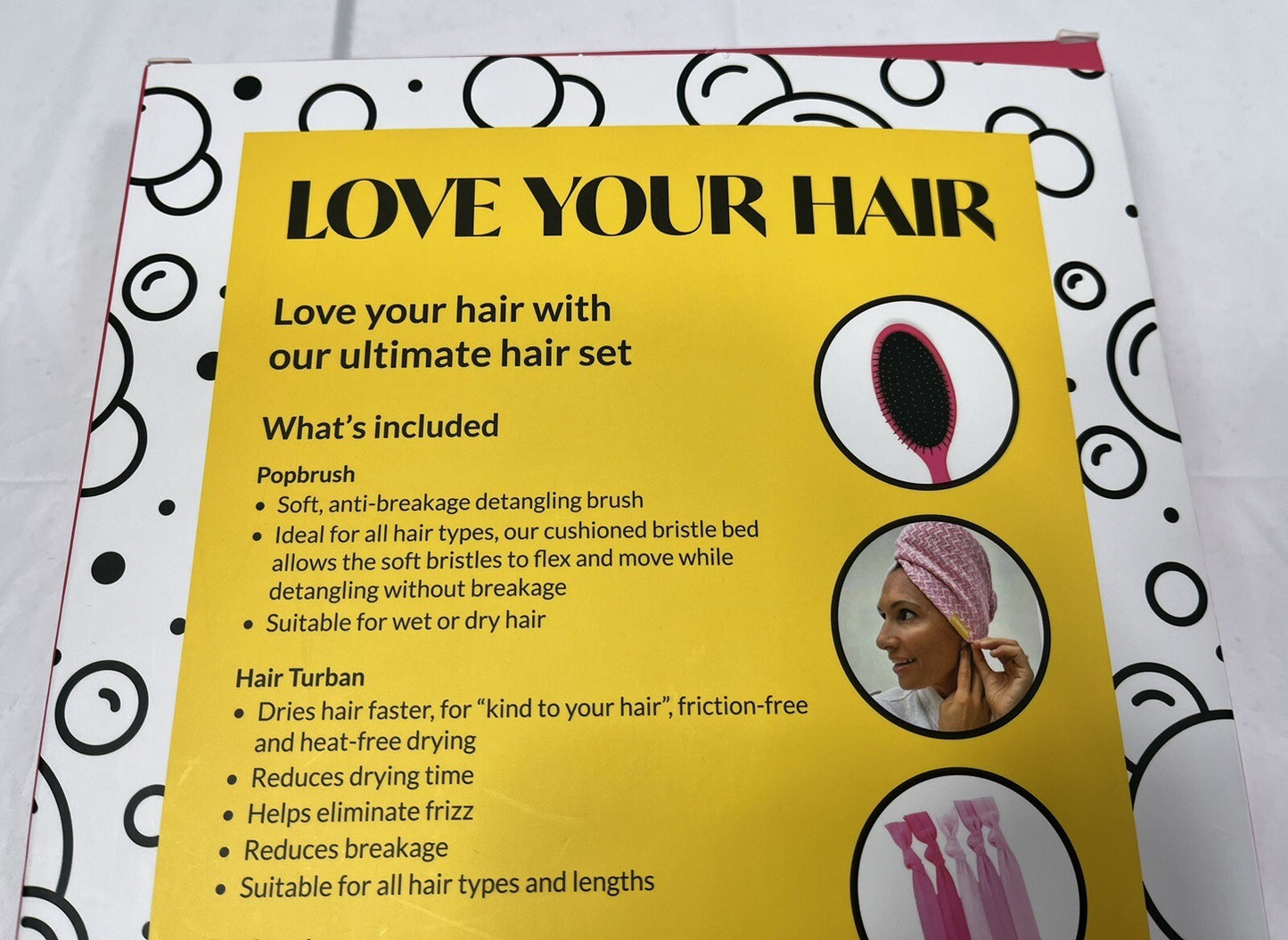 Hair Care Set with Detangling Brush, No-Dent Hair Ties & Spa Turban