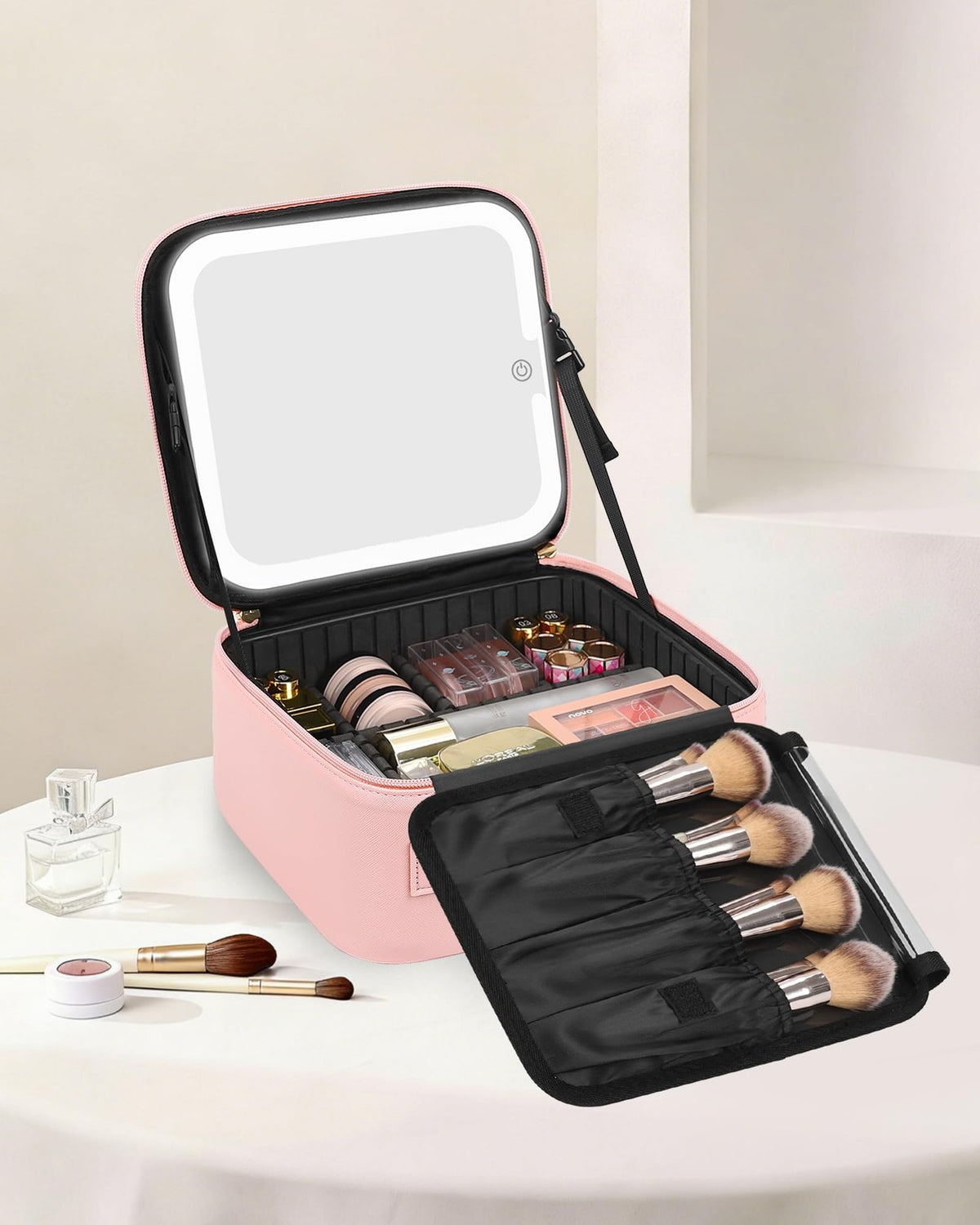 LED Mirror Makeup Bag with Adjustable Dividers, Waterproof Travel Cosmetic Organizer for Women & Girls