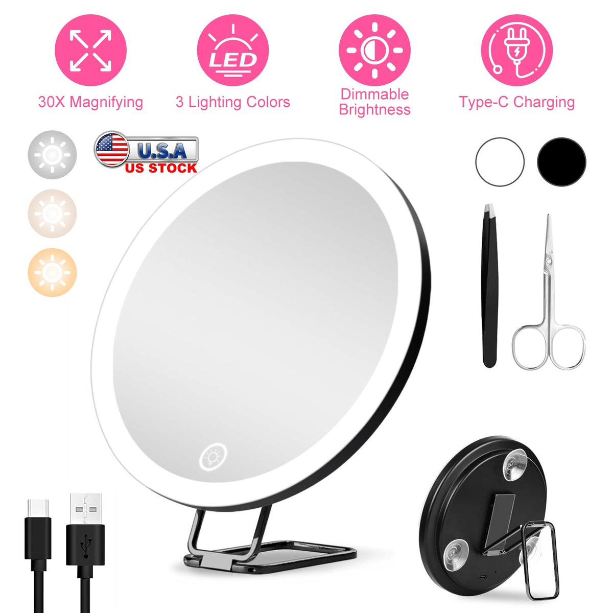 Magnifying Makeup Mirror with Light 30X Double-Sided Dimmable LED