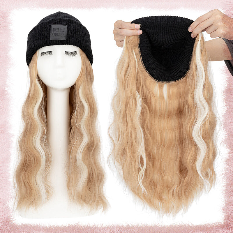 Women Knitted Wavy Wig Winter Beanie Hat - Long Curly Synthetic Hair
