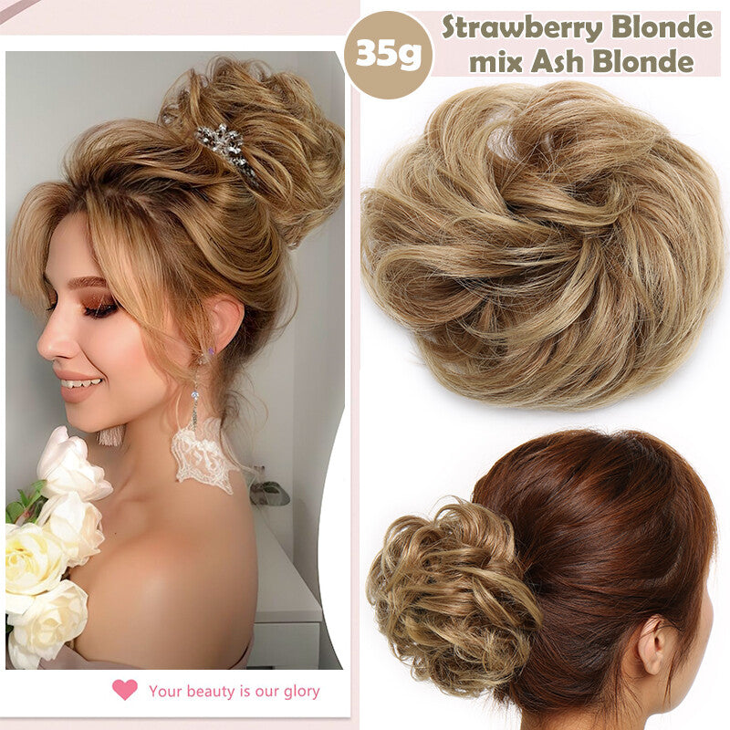Natural Human Hair Messy Bun Ponytail Extensions with Curly Scrunchie Updo