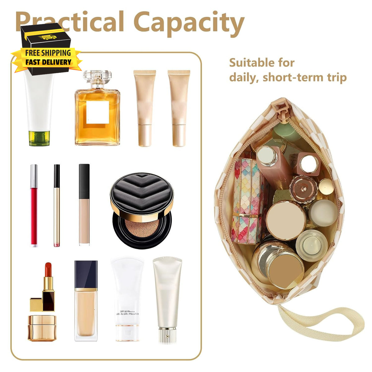 Travel Makeup Bag with Brush Holder, Compact Cosmetic Organizer for Women