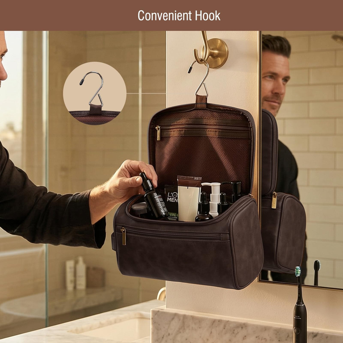 Personalized Waterproof Travel Toiletry Bag for Men - Leather Dopp Kit with Initials