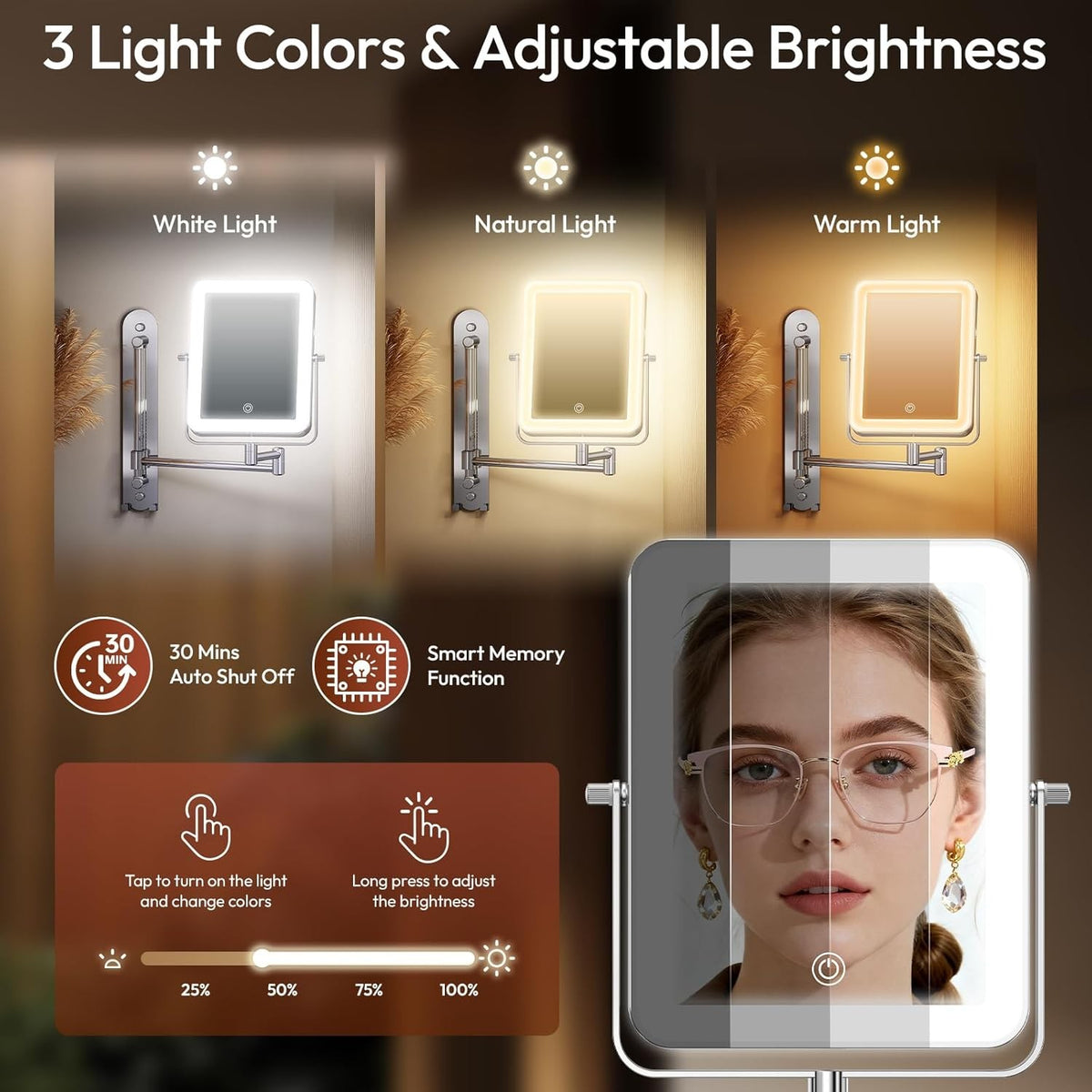 Height Adjustable Wall Mounted Lighted Makeup Mirror with 10X Magnification