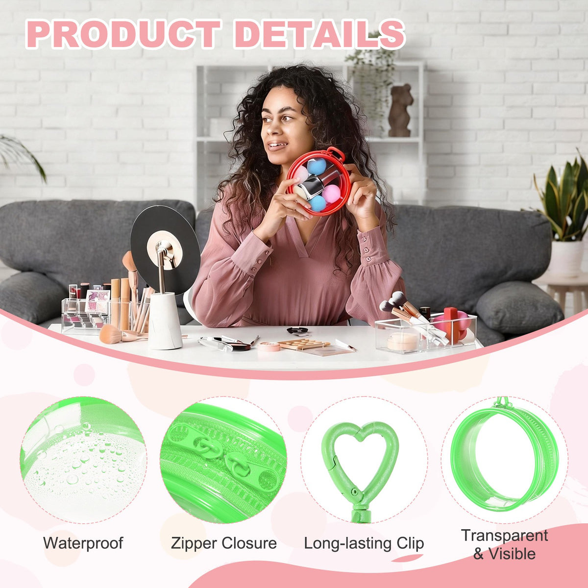 Clear Travel Cosmetic Bag 3.2x1.4 inches Waterproof PVC Organizer with Clip