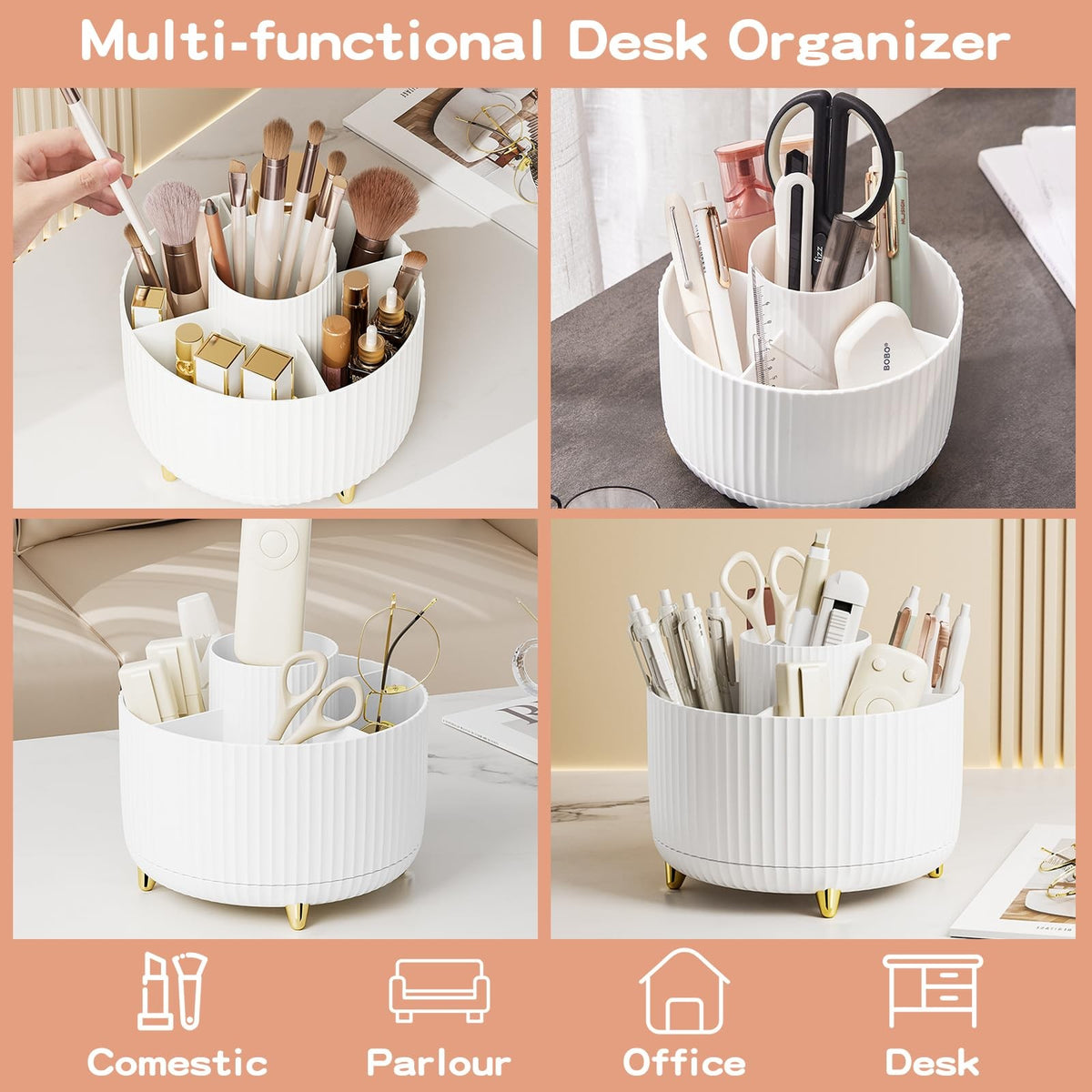 360° Rotating Makeup Brush Holder Organizer, White Vanity Storage