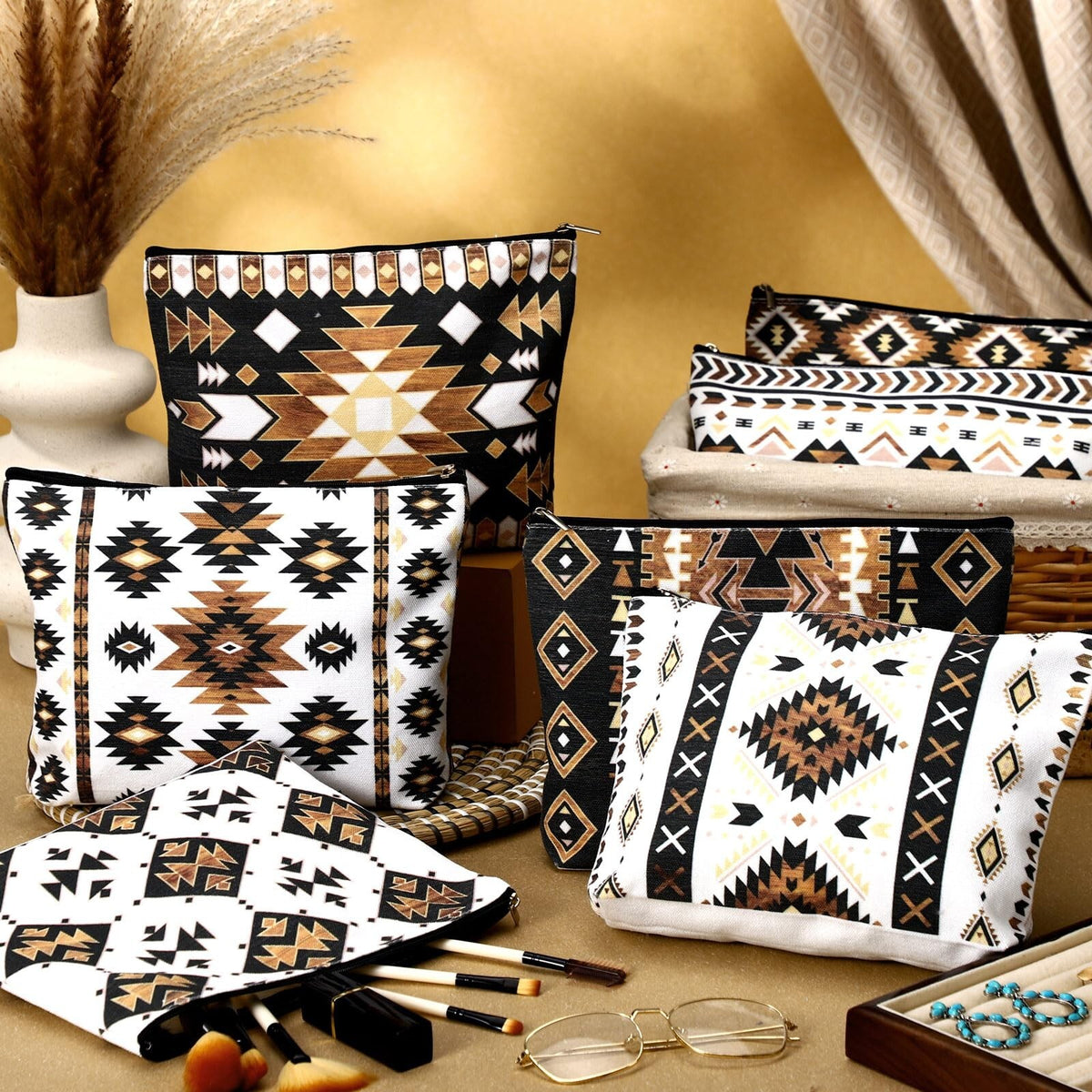 12 Pack Aztec Cosmetic Bags Western Makeup Organizer Travel Toiletry Bags
