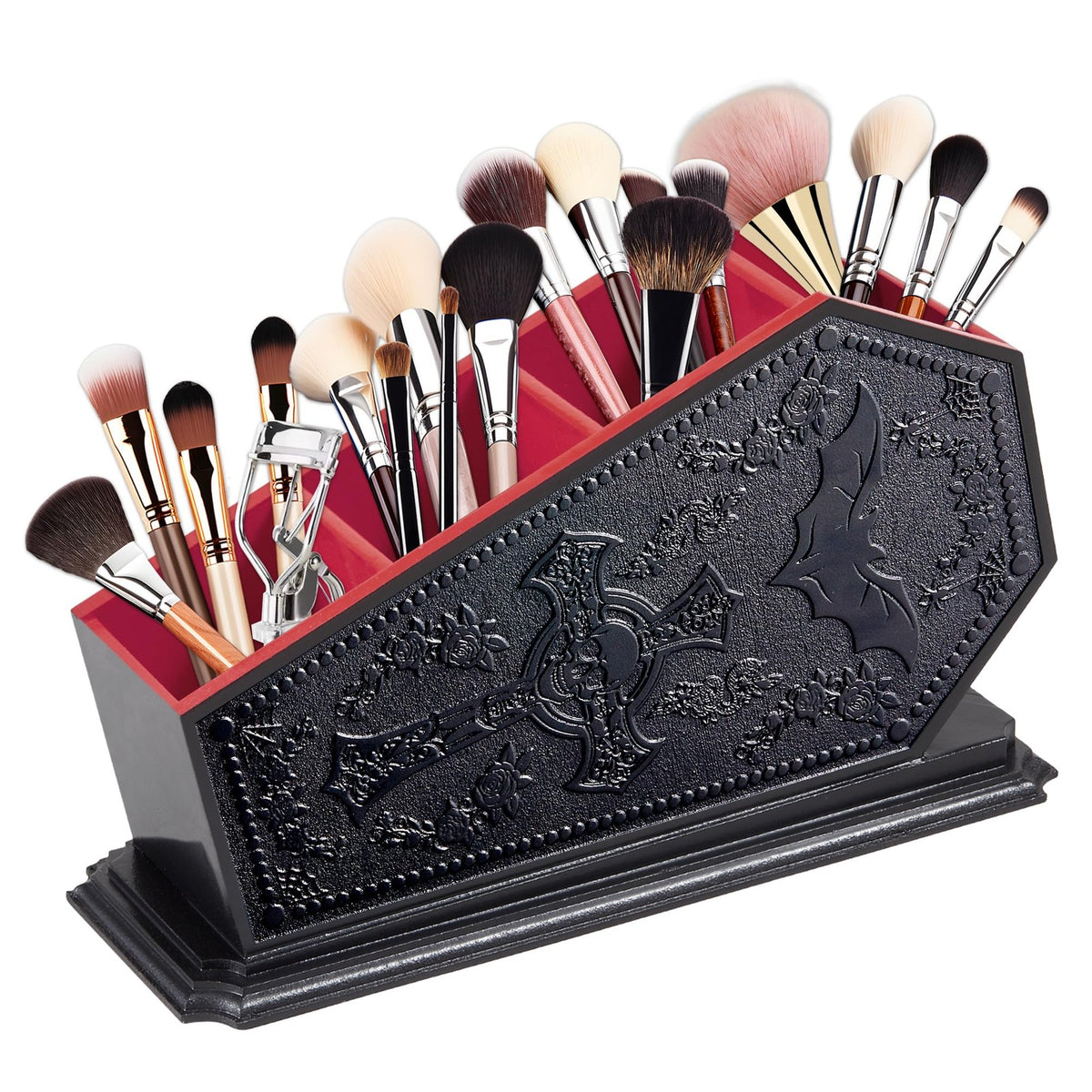 Gothic Coffin Makeup Brush Holder with Bat Design - Spooky Cosmetic Organizer