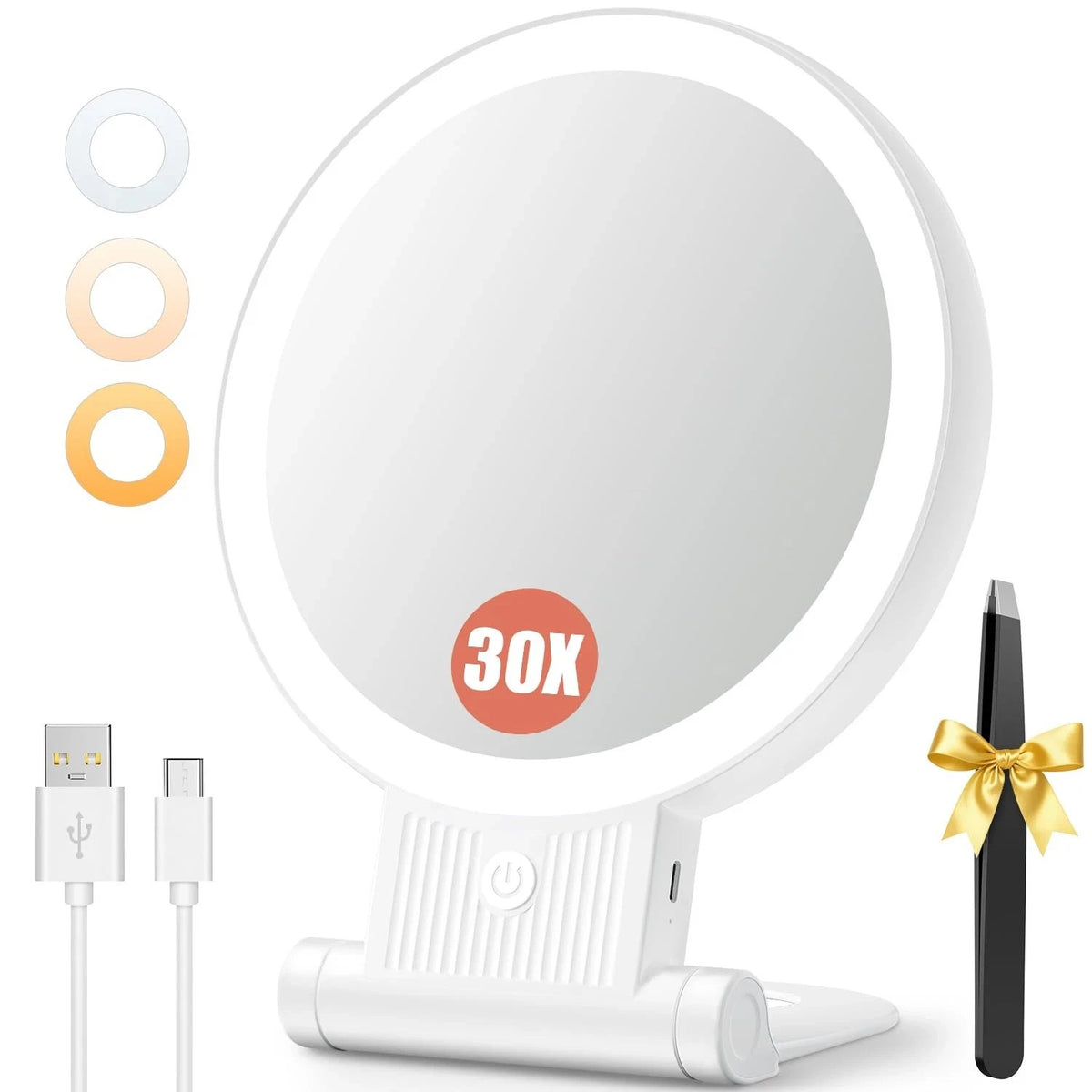 Lighted Magnifying Mirror with Adjustable 3 Color LED, Double-Sided 1X/30X