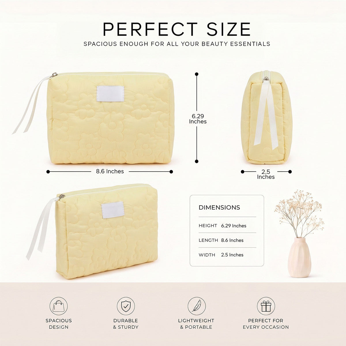 Yellow Daisy Quilted Cosmetic Bag for Women - Travel Toiletry Organizer