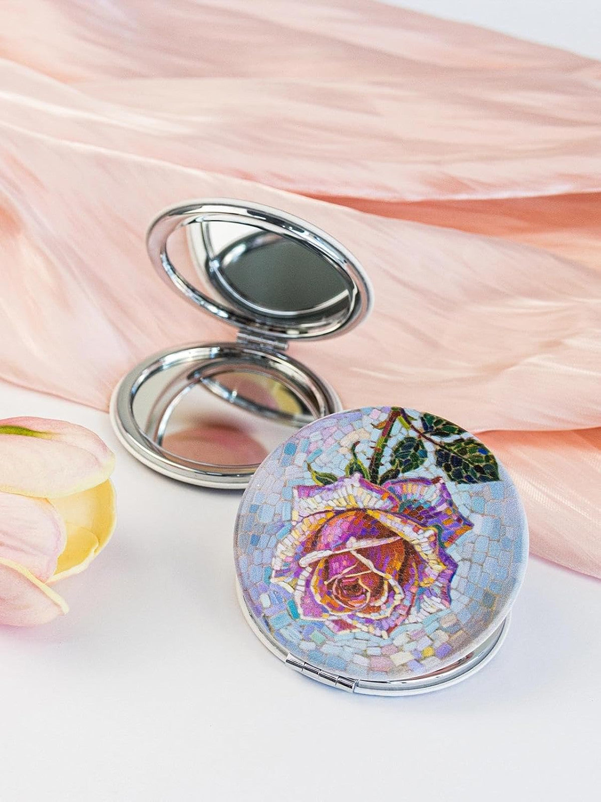 Travel Makeup Mirror with 1x & 10x Magnification, 2.8 Inch Dual-Sided Compact - Pink Rose