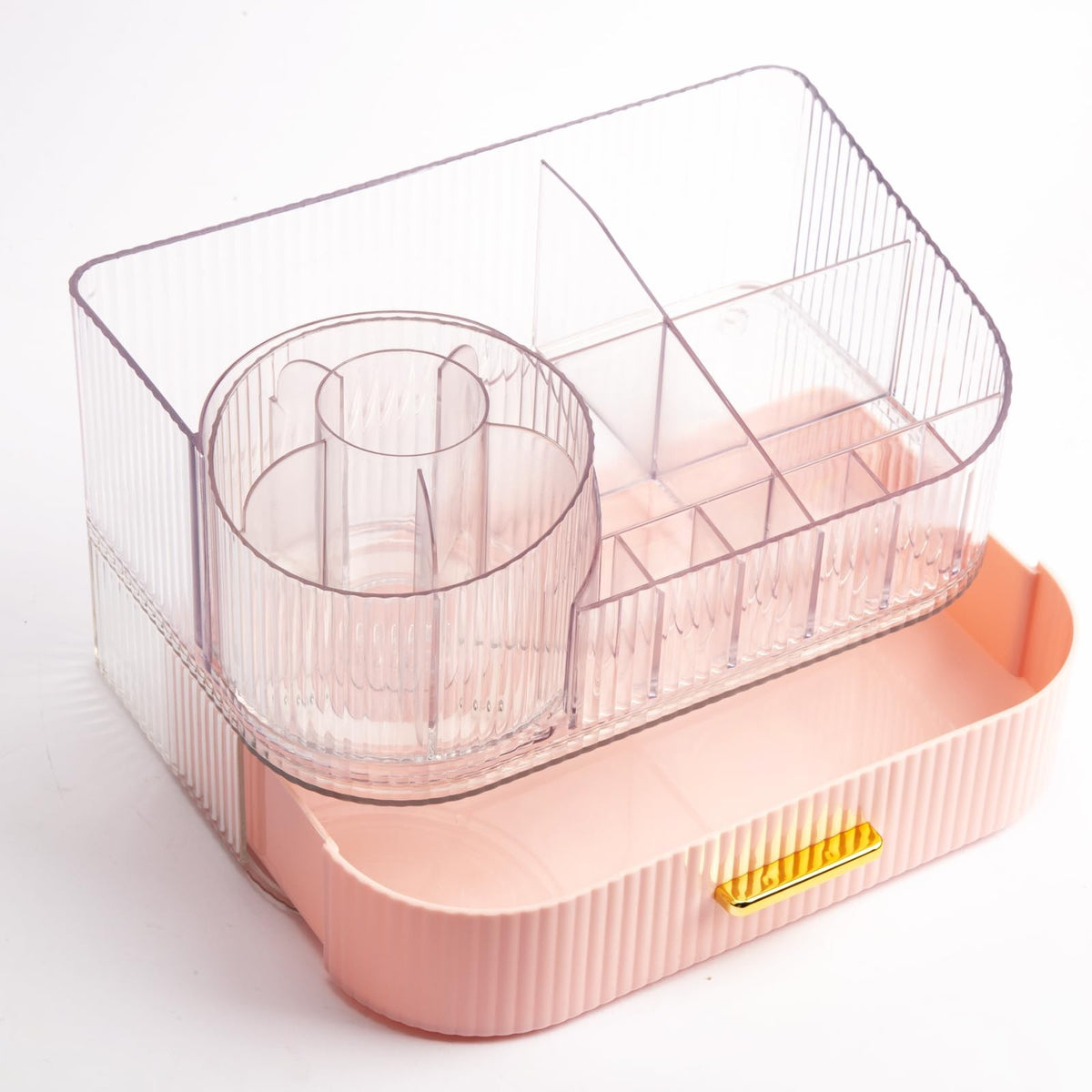 Pink Makeup Organizer with Rotating Brush Holder & Drawer - 11-Inch
