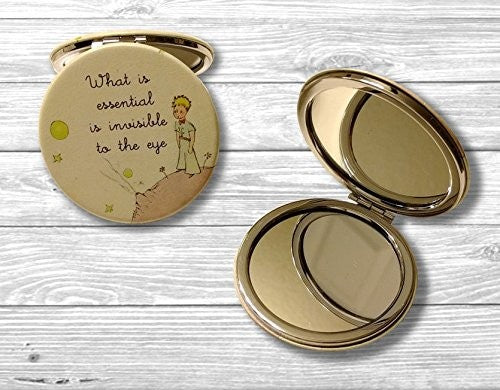Little Prince Compact Mirror with Magnifying and Standard Mirrors - White PU Leather, Travel Size