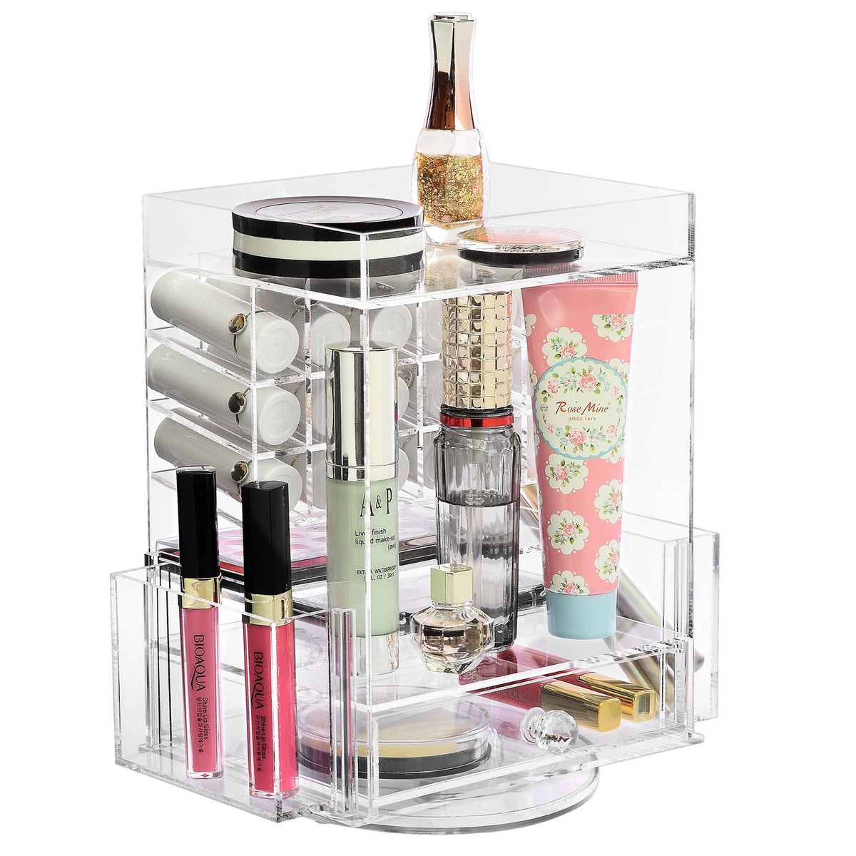 Rotating Acrylic Makeup Organizer with 18 Lipstick Slots & Compartments