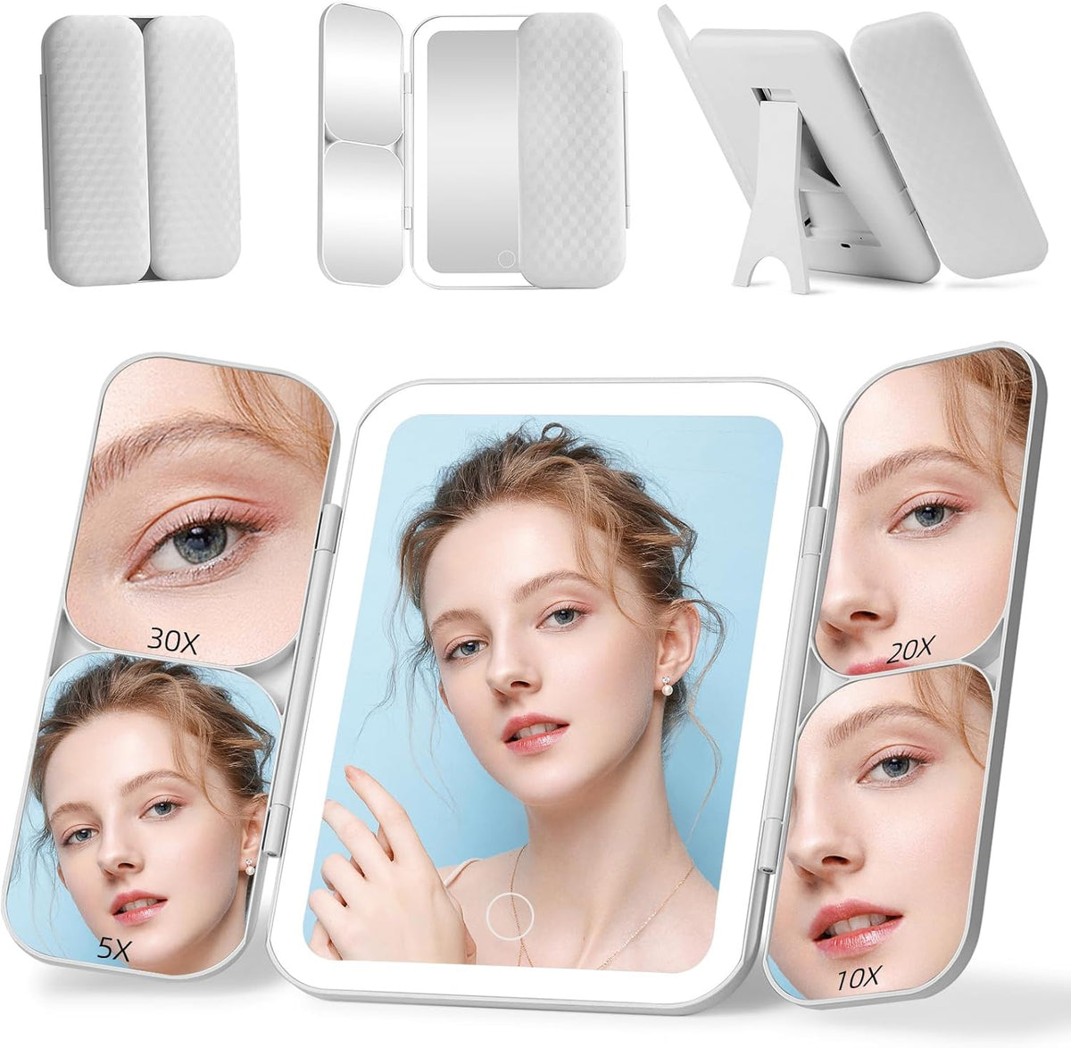 Tri-Fold Lighted Makeup Mirror with Magnification - Portable Dimmable Vanity