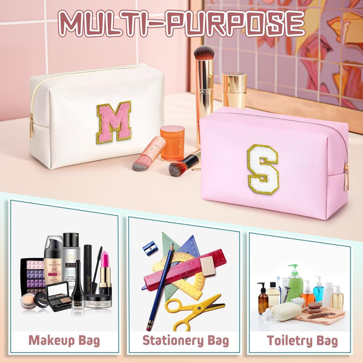 Personalized Makeup Bag for Women Girls - Pink Initial Gift