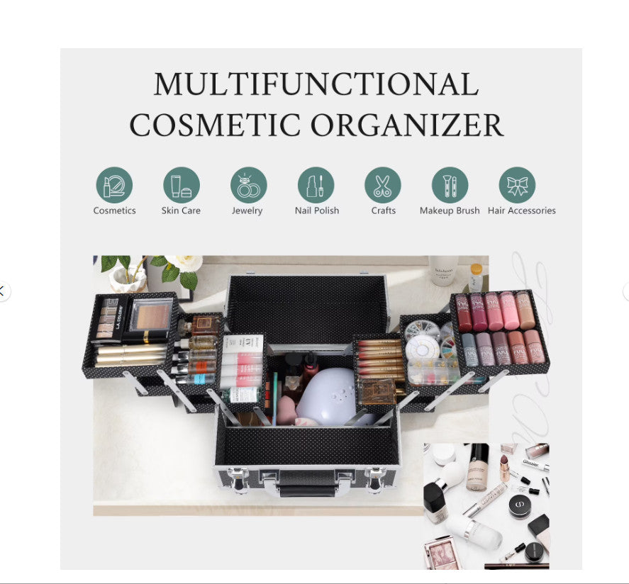 Portable Makeup Organizer Case with 6-Tier Rose Gold Compartments - Travel-Friendly, Durable Storage for Cosmetics & Accessories